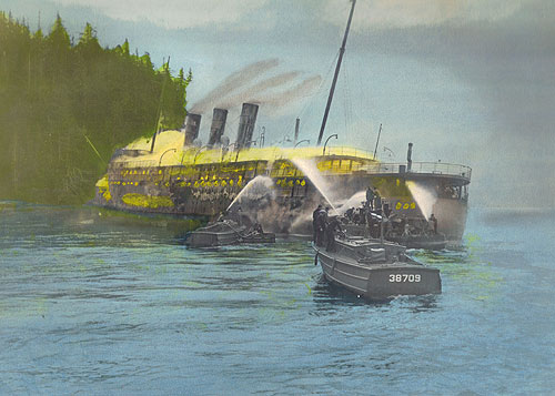 jpg The SS Prince George was towed from the Ketchikan dock and allowed to burn when it became clear that the fire was uncontrollable. 