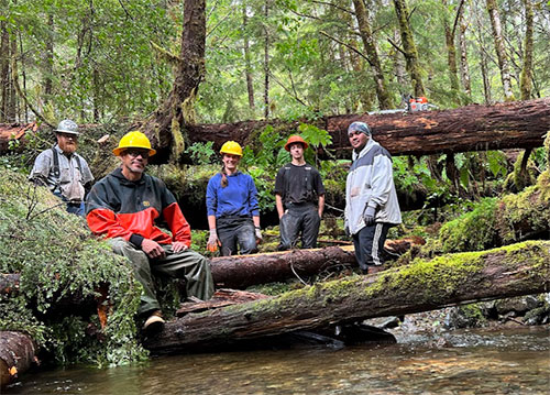 jpg Quinn Aboudara of Klawock Indigenous Stewards Forest Partnership, Rick Jackson of Keex’ Kwáan, Kelsey Dean of the Southeast Alaska Watershed Coalition, Cody Ellison of the Klawock partnership, and Kaagwaan Eesh Manuel Rose-Bell of Keex’ Kwáan pose at a recently completed stream structure.