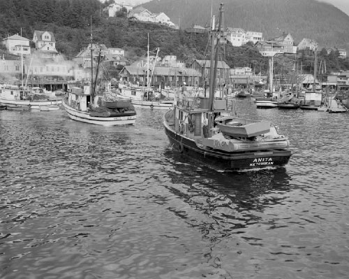 jpg Seiners: Crest, of Seattle, and Anita, of Ketchikan, at Ketchikan City Float July 20, 1954 The photo shows the Anita backing out of her berth with Nick Berkovich's Crest and the Selma following. 
Photographer: Paulu T. Saari 
Photo courtesy of the Tongass Historical Museum; Ketchikan Museums 